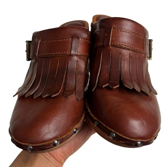 Madewell “1937 Footwear” Brown Leather Tassels Chunky Clog boho heels Size 7 - Picture 9 of 10